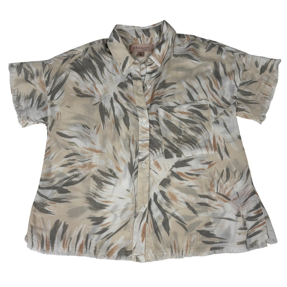 Philosophy XS‎ Abstract Palm Print Button Shirt Raw Hem Short Sleeve Rayon - Picture 8 of 13